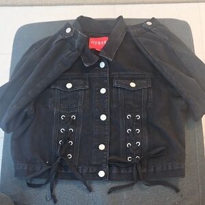 🖤GUESS Black Cropped Jean Jacket with Lace-Up Detail🖤
